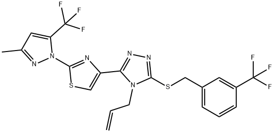4-Allyl-3-(2-[3-methyl-5-(trifluoromethyl)-1H-pyrazol-1-yl]-1,3-thiazol-4-yl)-5-([3-(trifluoromethyl)benzyl]sulfanyl)-4H-1,2,4-triazole 结构式