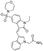 (Z)-2-(3-((1-ETHYL-5-(MORPHOLINOSULFONYL)-2-OXOINDOLIN-3-YLIDENE)METHYL)-1H-INDOL-1-YL)ACETAMIDE 结构式