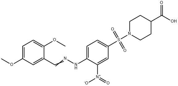 1-[(4-(2-[(E)-(2,5-DIMETHOXYPHENYL)METHYLIDENE]HYDRAZINO)-3-NITROPHENYL)SULFONYL]-4-PIPERIDINECARBOXYLIC ACID 结构式