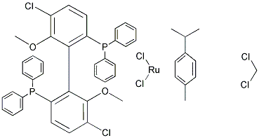 CHLORO[(R)-(+)-5,5'-DICHLORO-6,6'-DIMETHOXY-2,2'-BIS(DIPHENYL-PHOSPHINO)-1,1'-BIPHENYL](P-CYMENE)RUTHENIUM(II) CHLORIDE CH2CL2 ADDUCT 结构式