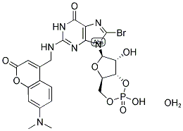 (7-DIMETHYLAMINOCOUMARIN-4-YL)METHYL-8-BROMOGUANOSINE-3',5'-CYCLIC MONOPHOSPHATE, 1/2-HYDRATE 结构式