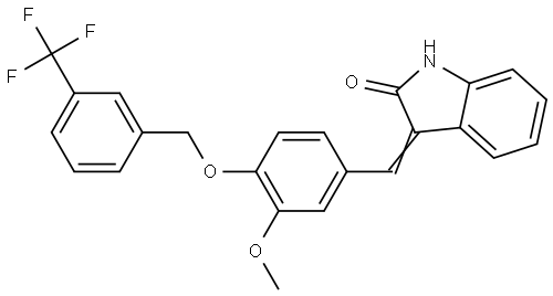 3-[(E)-(3-Methoxy-4-([3-(trifluoromethyl)benzyl]oxy)phenyl)methylidene]-1,3-dihydro-2H-indol-2-one 结构式