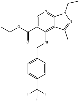 Ethyl 1-ethyl-3-methyl-4-([4-(trifluoromethyl)benzyl]amino)-1H-pyrazolo[3,4-b]pyridine-5-carboxylate 结构式