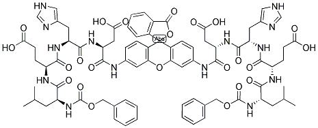 RHODAMINE 110, BIS-(N-CBZ-L-LEUCYL-L-GLUTAMYL-L- HISTIDINYL-L-ASPARTIC ACID AMIDE) 结构式