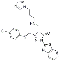 (E)-4-((3-(1H-IMIDAZOL-1-YL)PROPYLAMINO)METHYLENE)-1-(BENZO[D]THIAZOL-2-YL)-3-((4-CHLOROPHENYLTHIO)METHYL)-1H-PYRAZOL-5(4H)-ONE 结构式