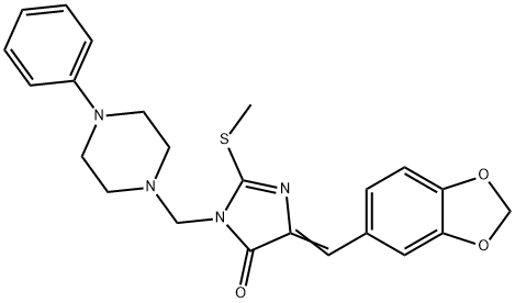 5-(1,3-BENZODIOXOL-5-YLMETHYLENE)-2-(METHYLSULFANYL)-3-[(4-PHENYLPIPERAZINO)METHYL]-3,5-DIHYDRO-4H-IMIDAZOL-4-ONE 结构式