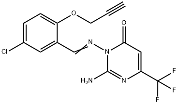 2-AMINO-3-(((E)-[5-CHLORO-2-(2-PROPYNYLOXY)PHENYL]METHYLIDENE)AMINO)-6-(TRIFLUOROMETHYL)-4(3H)-PYRIMIDINONE 结构式