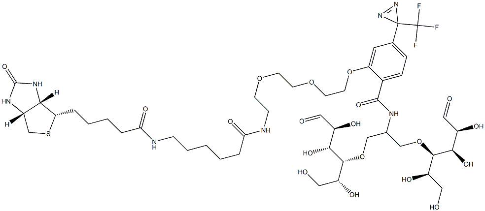 N-[2-[2-[2-[(N-BIOTINYL-CAPROYLAMINO)-ETHOXY)ETHOXYL]-4-[2-(TRIFLUOROMETHYL)-3H-DIAZIRIN-3-YL]BENZOYL]-1,3-BIS(MANNOPYRANOSYL-4-YLOXY)-2-PROPYLAMINE 结构式