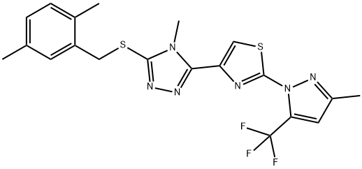 2,5-DIMETHYLBENZYL 4-METHYL-5-(2-[3-METHYL-5-(TRIFLUOROMETHYL)-1H-PYRAZOL-1-YL]-1,3-THIAZOL-4-YL)-4H-1,2,4-TRIAZOL-3-YL SULFIDE 结构式