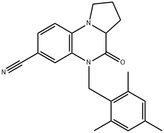 5-(MESITYLMETHYL)-4-OXO-1,2,3,3A,4,5-HEXAHYDROPYRROLO[1,2-A]QUINOXALINE-7-CARBONITRILE 结构式