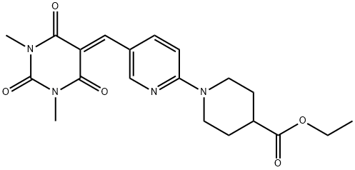 Ethyl 1-(5-([1,3-dimethyl-2,4,6-trioxotetrahydro-5(2H)-pyrimidinyliden]methyl)-2-pyridinyl)-4-piperidinecarboxylate 结构式