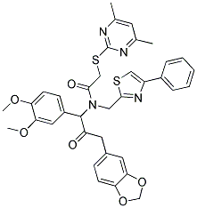 N-(3-(Benzo[d][1,3]dioxol-5-yl)-1-(3,4-dimethoxyphenyl)-2-oxopropyl)-2-(4,6-dimethylpyrimidin-2-ylthio)-N-((4-phenylthiazol-2-yl)methyl)acetamide 结构式