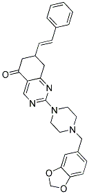 2-[4-(1,3-Benzodioxol-5-ylmethyl)-1-piperazinyl]-7-[(E)-2-phenylethenyl]-7,8-dihydro-5(6H)-quinazolinone 结构式