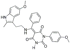 (E)-5-((2-(5-METHOXY-2-METHYL-1H-INDOL-3-YL)ETHYLAMINO)(PHENYL)METHYLENE)-1-(4-METHOXYPHENYL)PYRIMIDINE-2,4,6(1H,3H,5H)-TRIONE 结构式