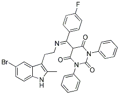 (E)-5-((2-(5-Bromo-2-methyl-1H-indol-3-yl)ethylimino)(4-fluorophenyl)methyl)-1,3-diphenylpyrimidine-2,4,6(1H,3H,5H)-trione 结构式