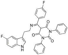 (E)-5-((2-(5-FLUORO-1H-INDOL-3-YL)ETHYLIMINO)(4-FLUOROPHENYL)METHYL)-1,3-DIPHENYLPYRIMIDINE-2,4,6(1H,3H,5H)-TRIONE 结构式