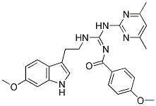 (E)-N-((4,6-DIMETHYLPYRIMIDIN-2-YLAMINO)(2-(6-METHOXY-1H-INDOL-3-YL)ETHYLAMINO)METHYLENE)-4-METHOXYBENZAMIDE 结构式