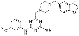 6-((4-(Benzo[d][1,3]dioxol-5-ylmethyl)piperazin-1-yl)methyl)-N2-(3-methoxyphenyl)-1,3,5-triazine-2,4-diamine 结构式