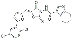 N-((5Z)-5-{[5-(2,5-DICHLOROPHENYL)-2-FURYL]METHYLENE}-4-OXO-2-THIOXO-1,3-THIAZOLIDIN-3-YL)-4,5,6,7-TETRAHYDRO-1-BENZOTHIOPHENE-3-CARBOXAMIDE 结构式