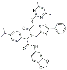 N-(BENZO[D][1,3]DIOXOL-5-YL)-2-(2-(4,6-DIMETHYLPYRIMIDIN-2-YLTHIO)-N-((4-PHENYLTHIAZOL-2-YL)METHYL)ACETAMIDO)-2-(4-ISOPROPYLPHENYL)ACETAMIDE 结构式