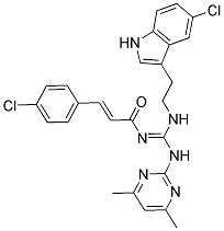 (2E,NE)-N-((2-(5-Chloro-1H-indol-3-yl)ethylamino)(4,6-dimethylpyrimidin-2-ylamino)methylene)-3-(4-chlorophenyl)acrylamide 结构式