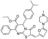 (E)-ETHYL 5-(4-ISOPROPYLPHENYL)-2-((5-(4-METHYLPIPERAZIN-1-YL)FURAN-2-YL)METHYLENE)-3-OXO-7-PHENYL-3,5-DIHYDRO-2H-THIAZOLO[3,2-A]PYRIMIDINE-6-CARBOXYLATE 结构式