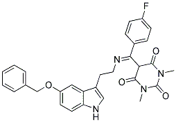 (E)-5-((2-(5-(Benzyloxy)-1H-indol-3-yl)ethylimino)(4-fluorophenyl)methyl)-1,3-dimethylpyrimidine-2,4,6(1H,3H,5H)-trione 结构式