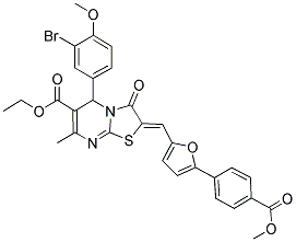 (Z)-ETHYL 5-(3-BROMO-4-METHOXYPHENYL)-2-((5-(4-(METHOXYCARBONYL)PHENYL)FURAN-2-YL)METHYLENE)-7-METHYL-3-OXO-3,5-DIHYDRO-2H-THIAZOLO[3,2-A]PYRIMIDINE-6-CARBOXYLATE 结构式