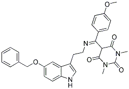 (E)-5-((2-(5-(Benzyloxy)-1H-indol-3-yl)ethylimino)(4-methoxyphenyl)methyl)-1,3-dimethylpyrimidine-2,4,6(1H,3H,5H)-trione 结构式