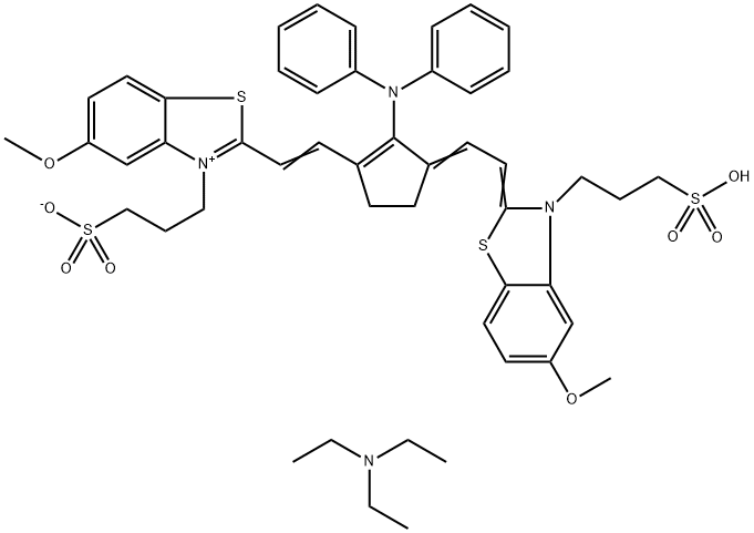 N,N-Diethyl-1-ethanaminium 3-(2-[(Z)-2-(2-(diphenylamino)-3-((E)-2-[5-methoxy-3-(3-sulfonatopropyl)-1,3-benzothiazol-3-ium-2-yl]ethenyl)-2-cyclopenten-1-ylidene)ethylidene]-5-methoxy-1,3-benzothiazol-3-yl)-1-propanesulfonate 结构式