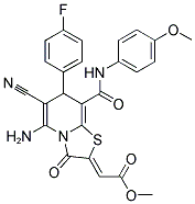 (Z)-METHYL 2-(5-AMINO-6-CYANO-7-(4-FLUOROPHENYL)-8-(4-METHOXYPHENYLCARBAMOYL)-3-OXO-3H-THIAZOLO[3,2-A]PYRIDIN-2(7H)-YLIDENE)ACETATE 结构式