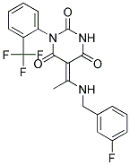 (5E)-5-{1-[(3-FLUOROBENZYL)AMINO]ETHYLIDENE}-1-[2-(TRIFLUOROMETHYL)PHENYL]PYRIMIDINE-2,4,6(1H,3H,5H)-TRIONE 结构式