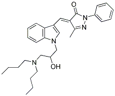 4-((E)-{1-[3-(DIBUTYLAMINO)-2-HYDROXYPROPYL]-1H-INDOL-3-YL}METHYLIDENE)-5-METHYL-2-PHENYL-2,4-DIHYDRO-3H-PYRAZOL-3-ONE 结构式