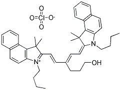 3-Butyl-2-[(1E,3E)-5-(3-butyl-1,1-dimethyl-1,3-dihydro-2H-benzo[e]indol-2-ylidene)-3-(3-hydroxypropyl)-1,3-pentadienyl]-1,1-dimethyl-1H-benzo[e]indolium perchlorate 结构式
