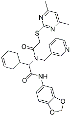 N-(BENZO[D][1,3]DIOXOL-5-YL)-2-(CYCLOHEX-3-ENYL)-2-(2-(4,6-DIMETHYLPYRIMIDIN-2-YLTHIO)-N-(PYRIDIN-3-YLMETHYL)ACETAMIDO)ACETAMIDE 结构式