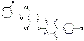 (5E)-1-(4-CHLOROPHENYL)-5-{3,5-DICHLORO-4-[(2-FLUOROBENZYL)OXY]BENZYLIDENE}PYRIMIDINE-2,4,6(1H,3H,5H)-TRIONE 结构式