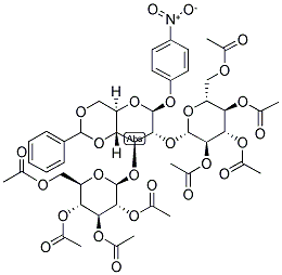 4-NITROPHENYL 4,6-BENZYLIDENE-2,3-DI-O-(2,3,4,6-TETRA-O-ACETYL-BETA-D-GLUCOPYRANOSYL)-BETA-D-GLUCOPYRANOSIDE 结构式