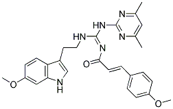 (2E,NE)-N-((4,6-Dimethylpyrimidin-2-ylamino)(2-(6-methoxy-1H-indol-3-yl)ethylamino)methylene)-3-(4-methoxyphenyl)acrylamide 结构式
