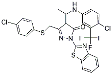 (Z)-1-(BENZO[D]THIAZOL-2-YL)-4-(1-(4-CHLORO-3-(TRIFLUOROMETHYL)PHENYLAMINO)ETHYLIDENE)-3-((4-CHLOROPHENYLTHIO)METHYL)-1H-PYRAZOL-5(4H)-ONE 结构式