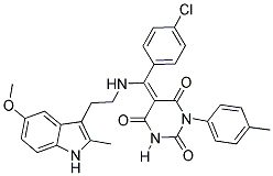 (E)-5-((4-CHLOROPHENYL)(2-(5-METHOXY-2-METHYL-1H-INDOL-3-YL)ETHYLAMINO)METHYLENE)-1-P-TOLYLPYRIMIDINE-2,4,6(1H,3H,5H)-TRIONE 结构式