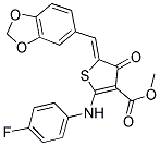METHYL (5Z)-5-(1,3-BENZODIOXOL-5-YLMETHYLENE)-2-[(4-FLUOROPHENYL)AMINO]-4-OXO-4,5-DIHYDROTHIOPHENE-3-CARBOXYLATE 结构式