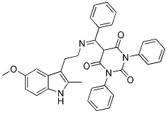 (E)-5-((2-(5-Methoxy-2-methyl-1H-indol-3-yl)ethylimino)(phenyl)methyl)-1,3-diphenylpyrimidine-2,4,6(1H,3H,5H)-trione 结构式
