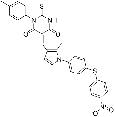 (E)-5-((2,5-Dimethyl-1-(4-(4-nitrophenylthio)phenyl)-1H-pyrrol-3-yl)methylene)-2-thioxo-3-p-tolyl-dihydropyrimidine-4,6(1H,5H)-dione 结构式