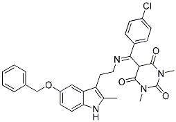 (E)-5-((2-(5-(BENZYLOXY)-2-METHYL-1H-INDOL-3-YL)ETHYLIMINO)(4-CHLOROPHENYL)METHYL)-1,3-DIMETHYLPYRIMIDINE-2,4,6(1H,3H,5H)-TRIONE 结构式