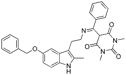 (E)-5-((2-(5-(BENZYLOXY)-2-METHYL-1H-INDOL-3-YL)ETHYLIMINO)(PHENYL)METHYL)-1,3-DIMETHYLPYRIMIDINE-2,4,6(1H,3H,5H)-TRIONE 结构式