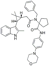 1-(N-Benzyl-2-((1R,3S)-2,2-dimethyl-3-(2-methyl-1H-indol-3-yl)cyclopropyl)acetamido)-N-(4-morpholinophenyl)cyclopentanecarboxamide 结构式