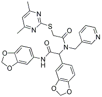 N,2-di(benzo[d][1,3]dioxol-5-yl)-2-(2-(4,6-dimethylpyrimidin-2-ylthio)-N-(pyridin-3-ylmethyl)acetamido)acetamide 结构式