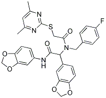 N,2-DI(BENZO[D][1,3]DIOXOL-5-YL)-2-(2-(4,6-DIMETHYLPYRIMIDIN-2-YLTHIO)-N-(4-FLUOROBENZYL)ACETAMIDO)ACETAMIDE 结构式