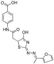 4-{[((2E)-2-{(2E)-[1-(2-Furyl)ethylidene]hydrazono}-4-hydroxy-2,5-dihydro-1,3-thiazol-5-yl)acetyl]amino}benzoic acid 结构式