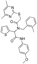 2-(4,6-DIMETHYLPYRIMIDIN-2-YLTHIO)-N-(2-(4-METHOXYPHENYLAMINO)-2-OXO-1-(THIOPHEN-2-YL)ETHYL)-N-(2-METHYLBENZYL)ACETAMIDE 结构式